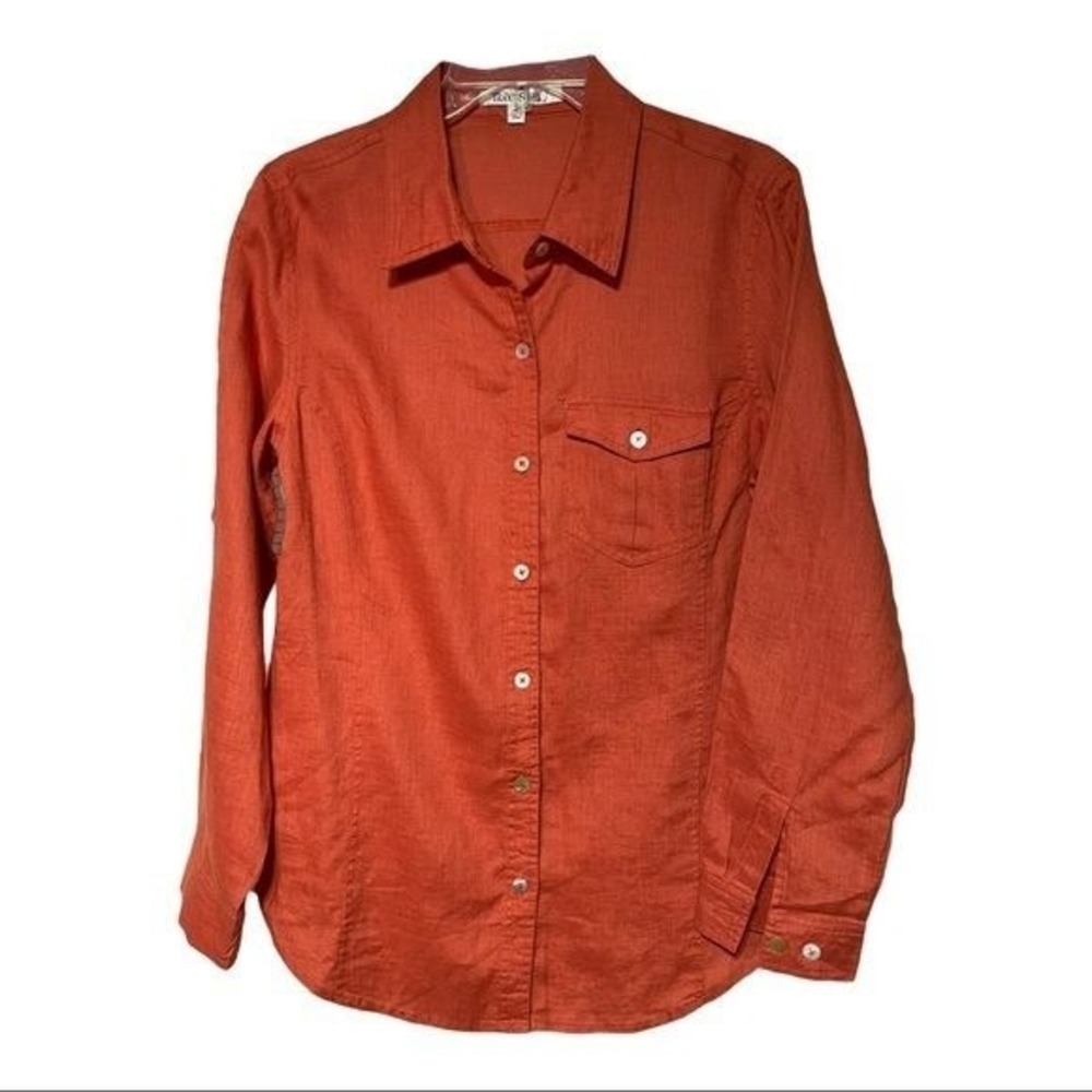 TravelSmith Womens 100% Linen Button Down Shirt Burnt Orange Long Sleeve Medium